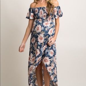 Blue Floral Off Shoulder Smocked Maternity Dress